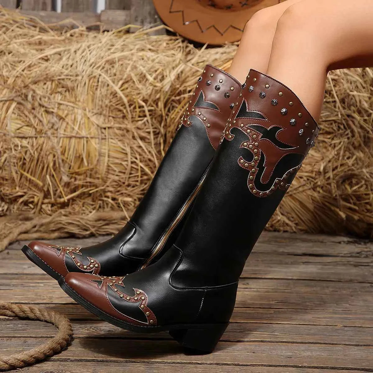 Point Toe Block Heel Western Cowgirl Boots - Studded Rivet Two-Tone