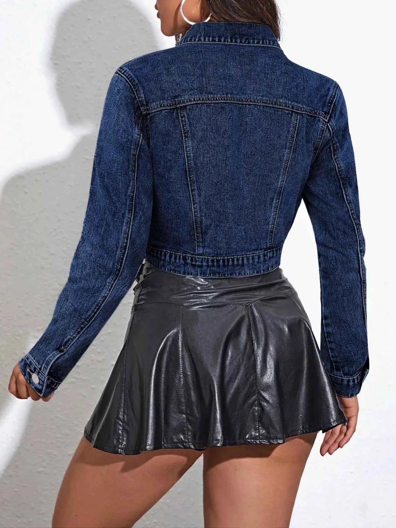 Dark Blue Denim Jacket - Cropped Button Up