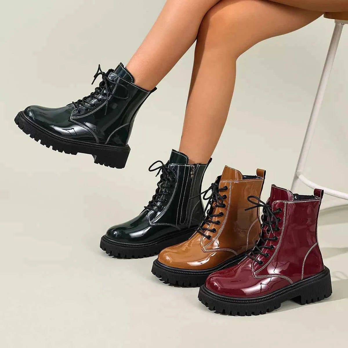 Patent Leather Lace-Up Combat Boots - Block Heel Lug Sole