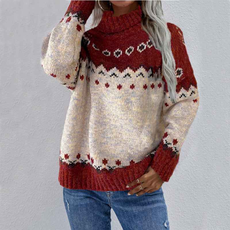 Christmas Geometric Knit Sweater - High Neck and Ribbed Hem