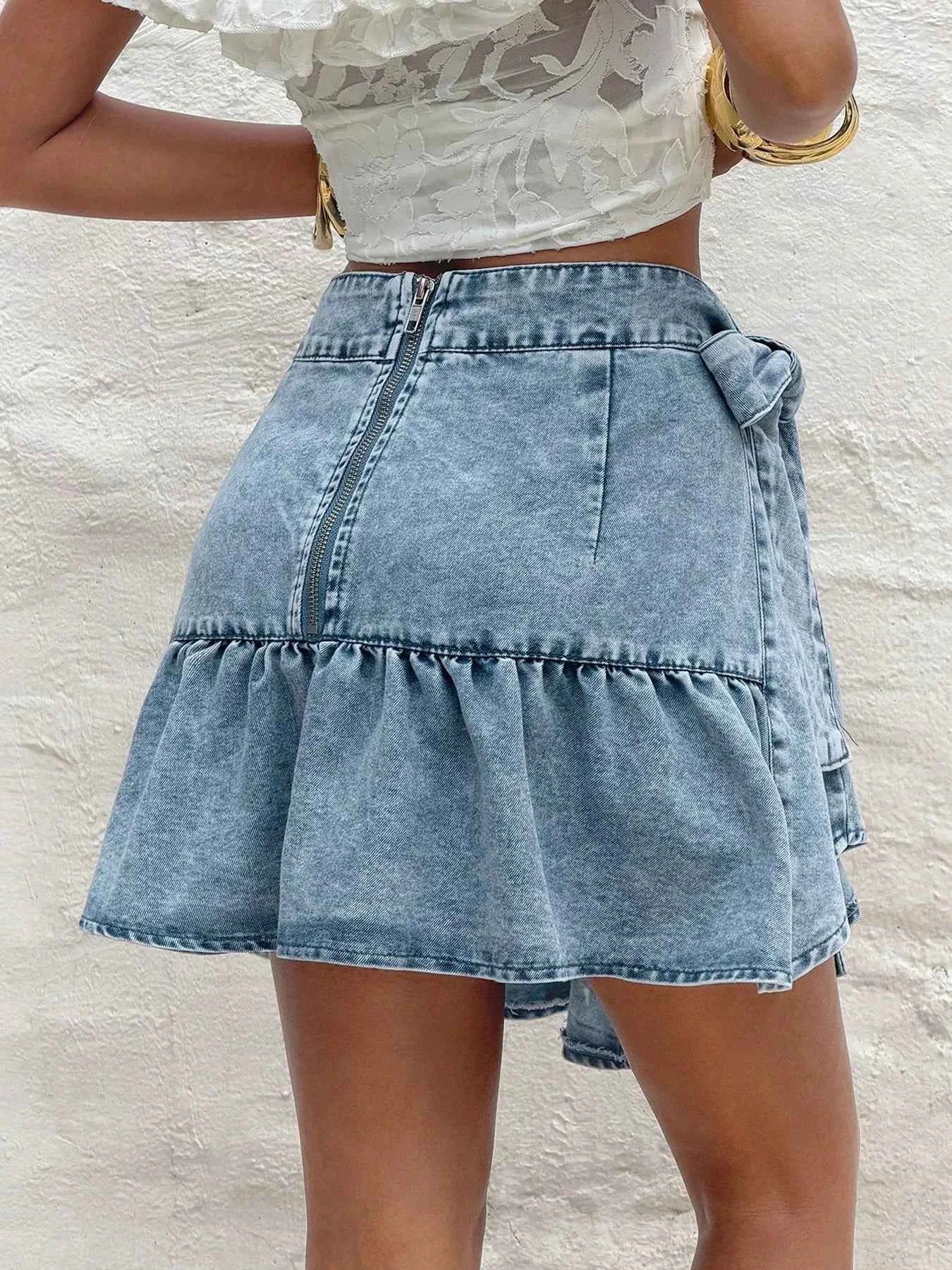 Ruffled Hem High Waist Bow Tie Denim Skirt