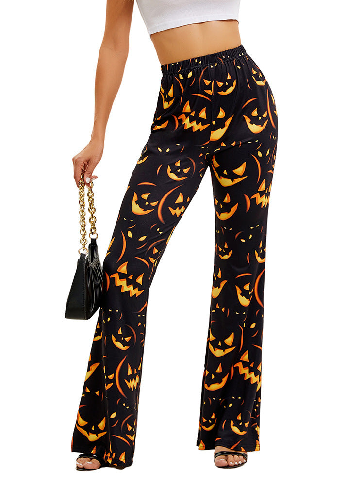Women's Halloween wide-leg trousers with orange jack-o-lantern and bat graphic print