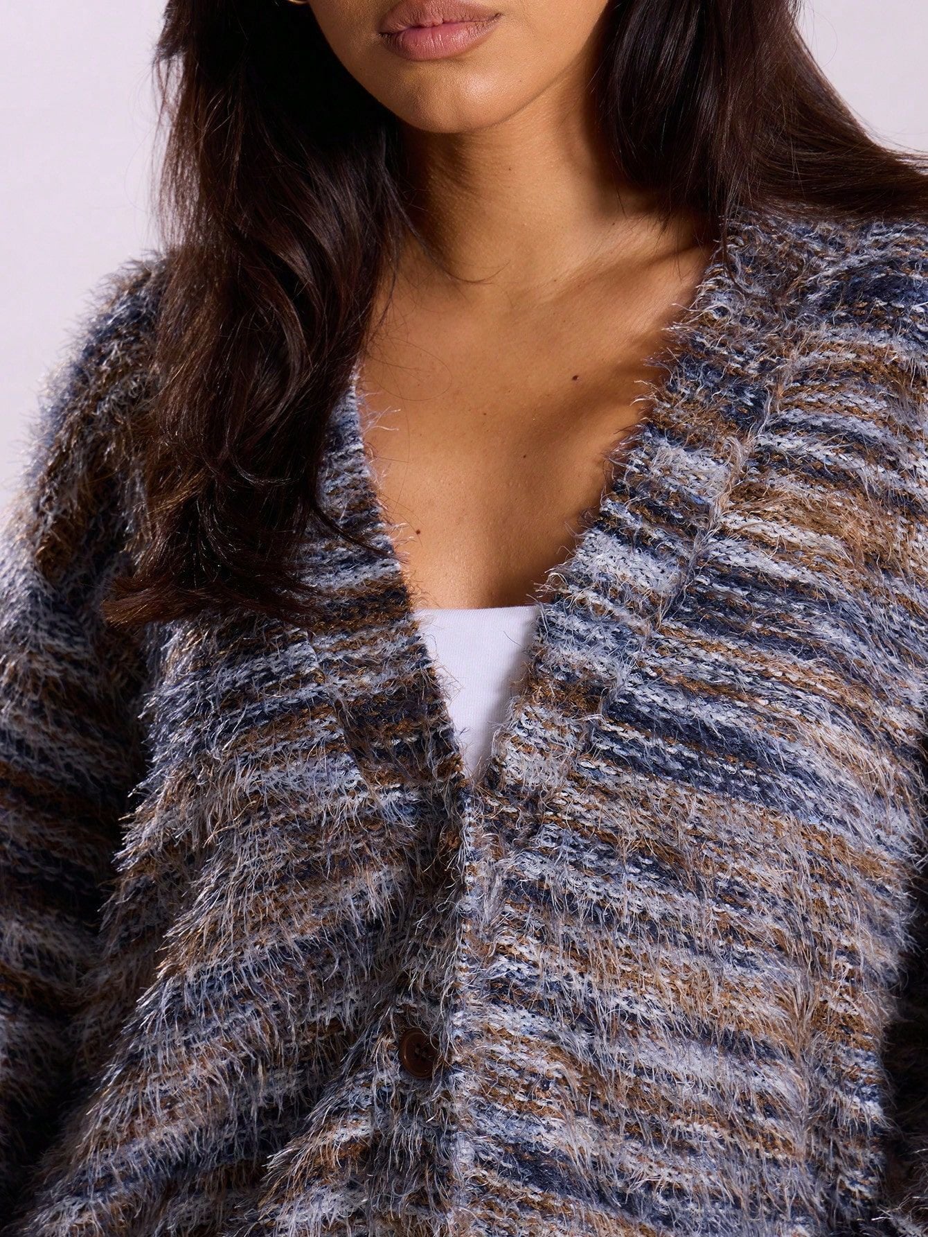 Melange Fleece Long Sleeve Cardigan - Vintage Deep V-Neck