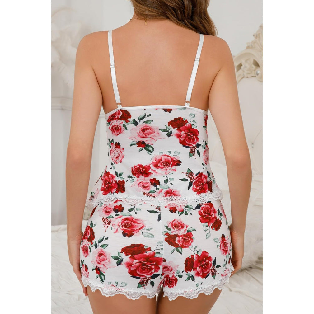 Lace Cami and Shorts Lingerie Set - V-Neck Bow Detail