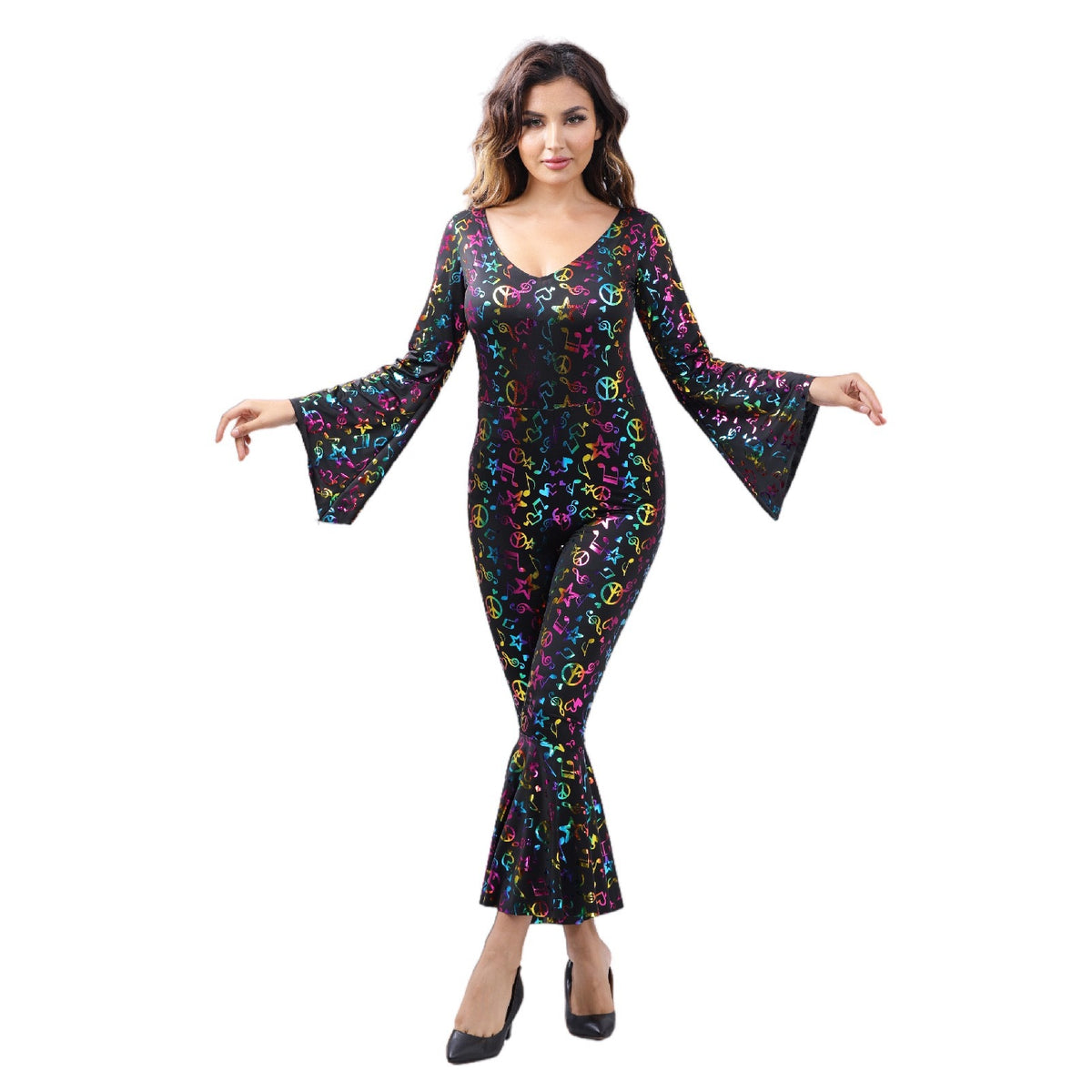 Full-length Halloween carnival disco note jumpsuit, black with multicolor icon print, flared bell cuffs