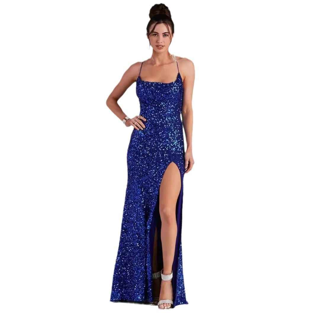 Sequin Camisole Maxi Dress - Thigh Split V-Neck Glam
