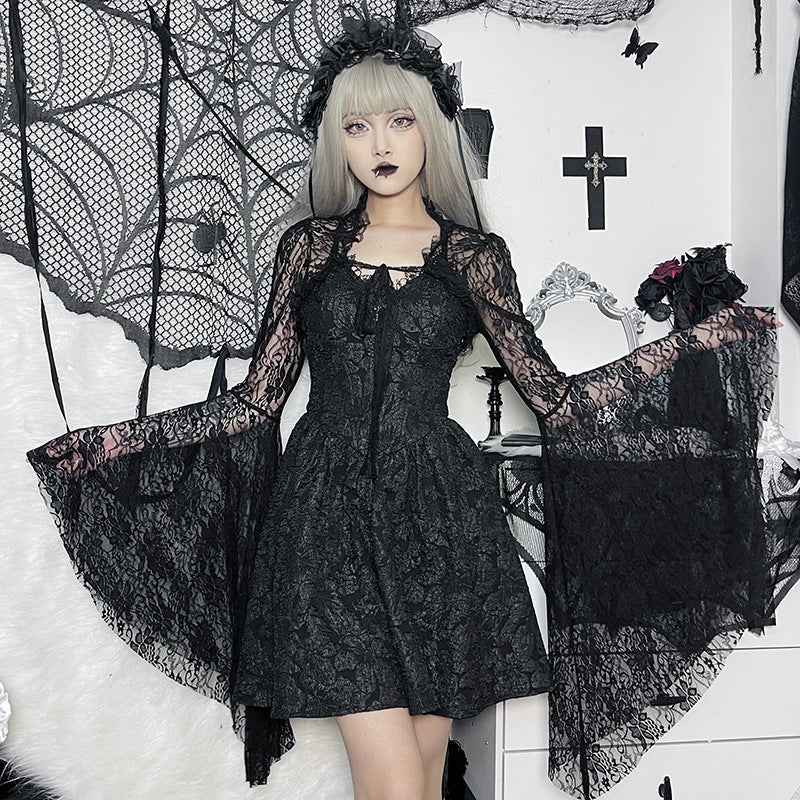 Black Lace Cropped Top - Dramatic Flared Sleeve Shrug