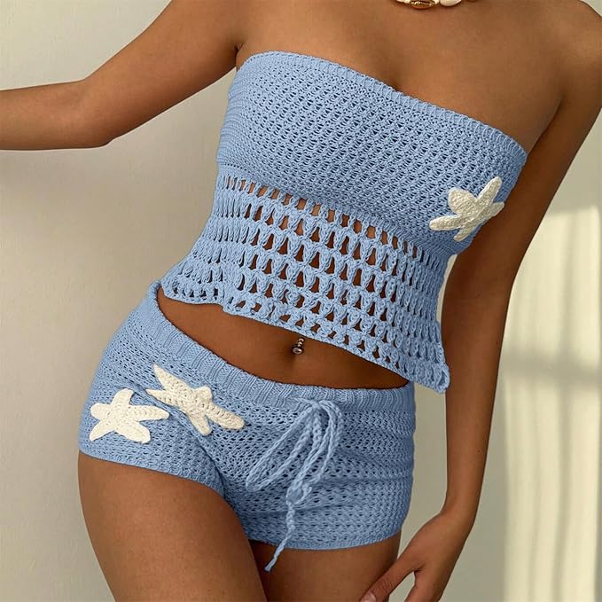 Crochet Tube Top and Shorts Set - Drawstring Two-Piece