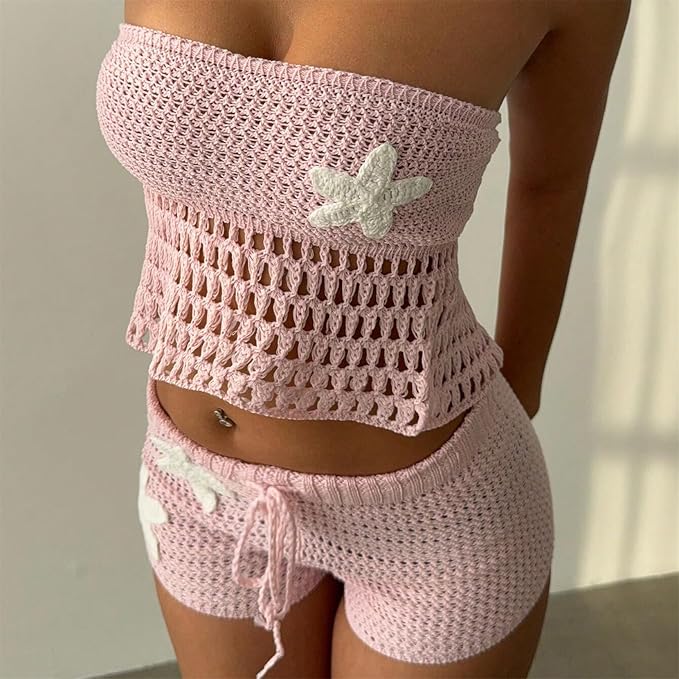 Crochet Tube Top and Shorts Set - Drawstring Two-Piece