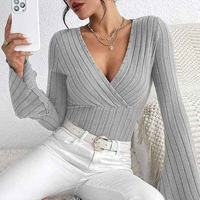 Ribbed V-Neck Top - Flared Sleeve Elegant Fit - Fashions Envy