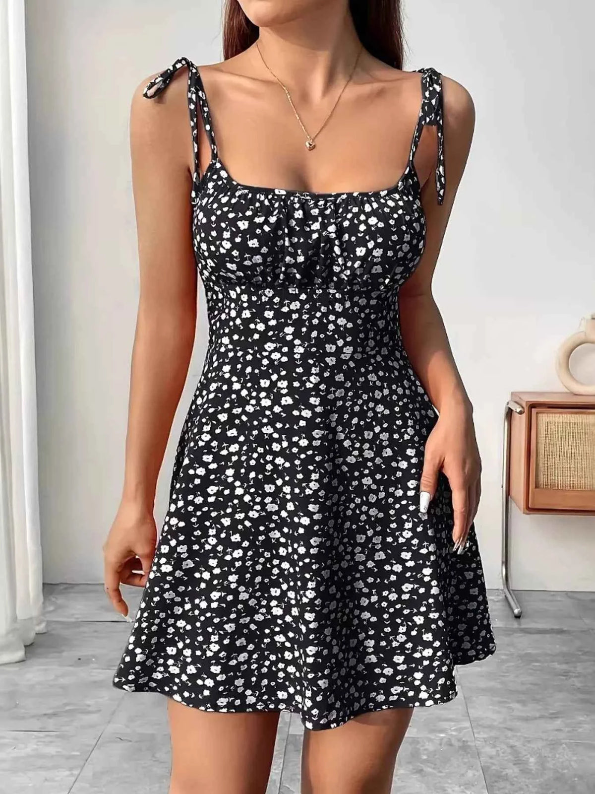 Ditsy Floral Tie Strap Mini Dress - Ruched Bust A-Line