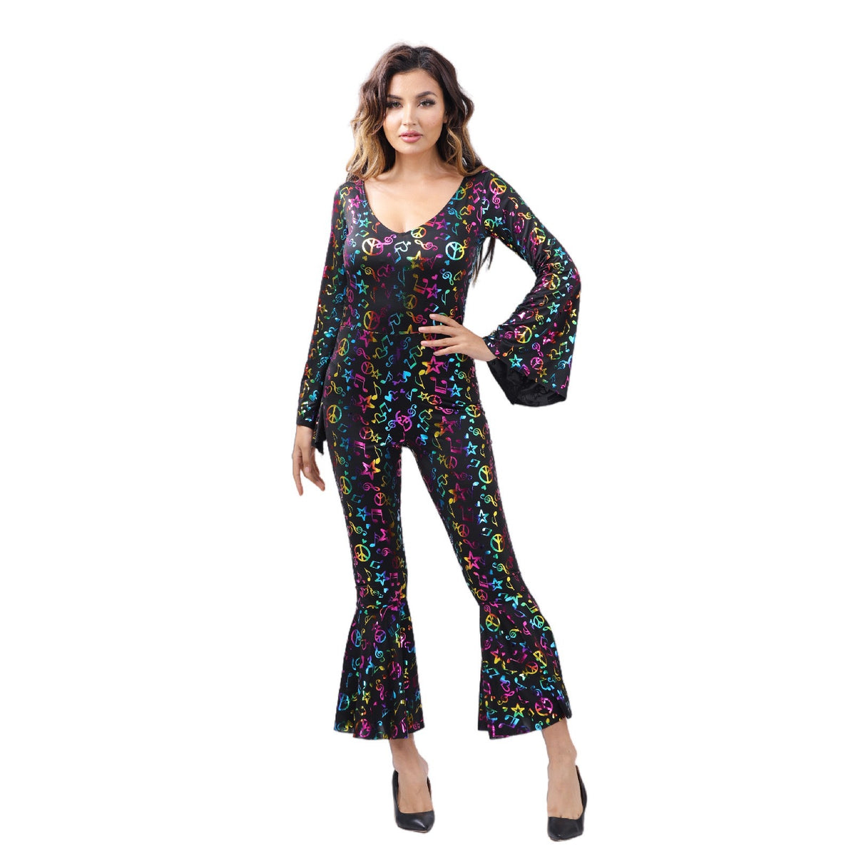 Halloween carnival disco note jumpsuit, black multicolor icon print, long flared sleeves, wide-leg
