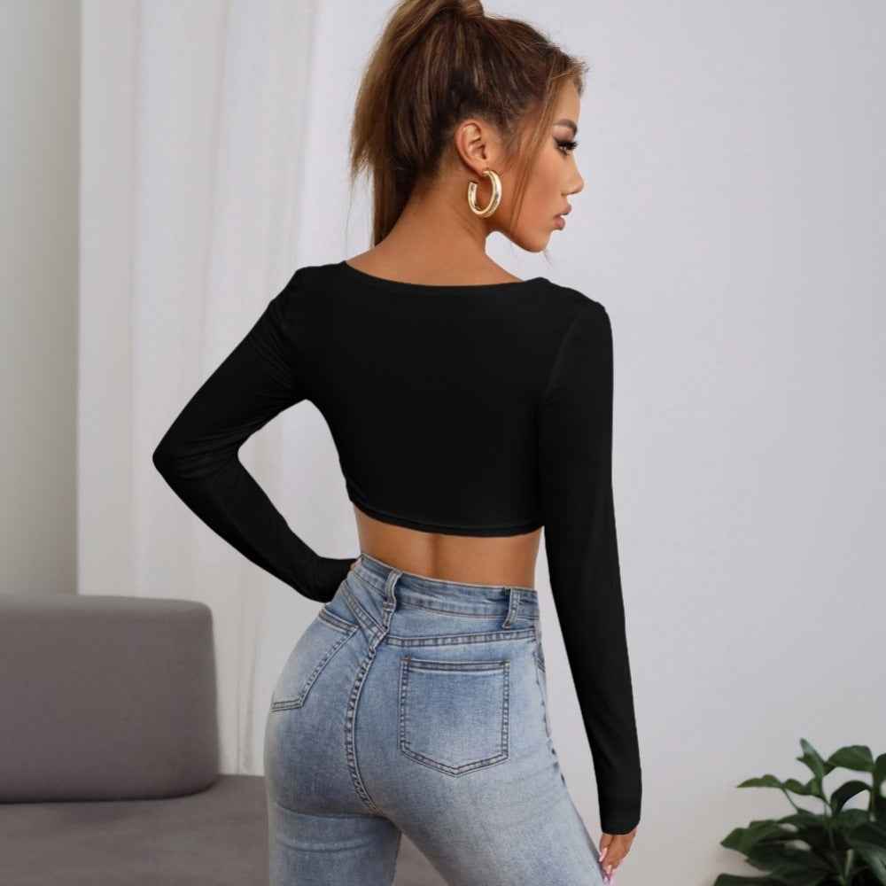 Black O-Ring Keyhole Crop Top - Long Sleeve Deep V Cutout