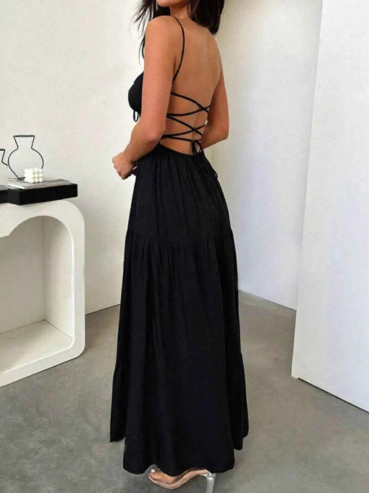 Lace-Up Back Maxi Dress - Ruched Bust Tiered Cami