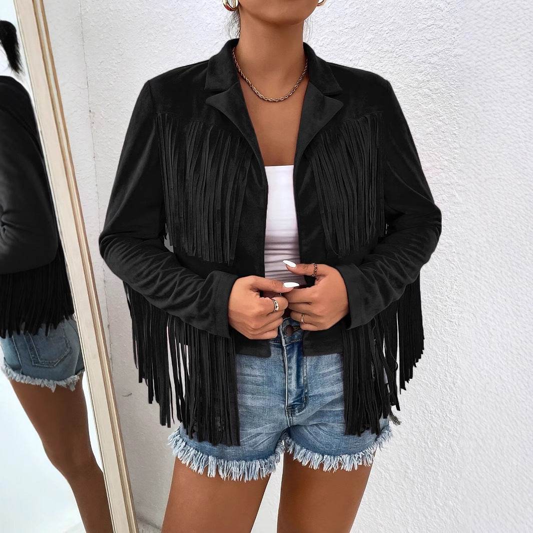 Black Fringe Jacket - V-Neck Long Sleeve Coat