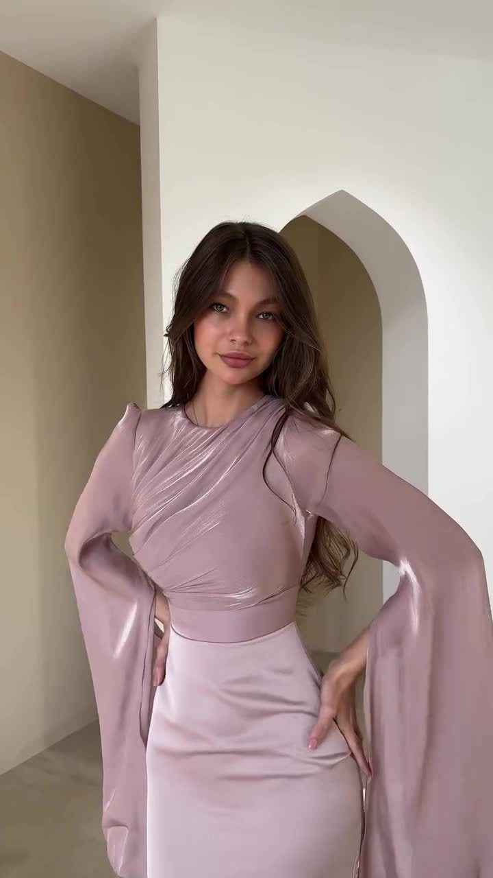 Long Sleeve Maxi Dress - Draped Bodice and Split Sleeves