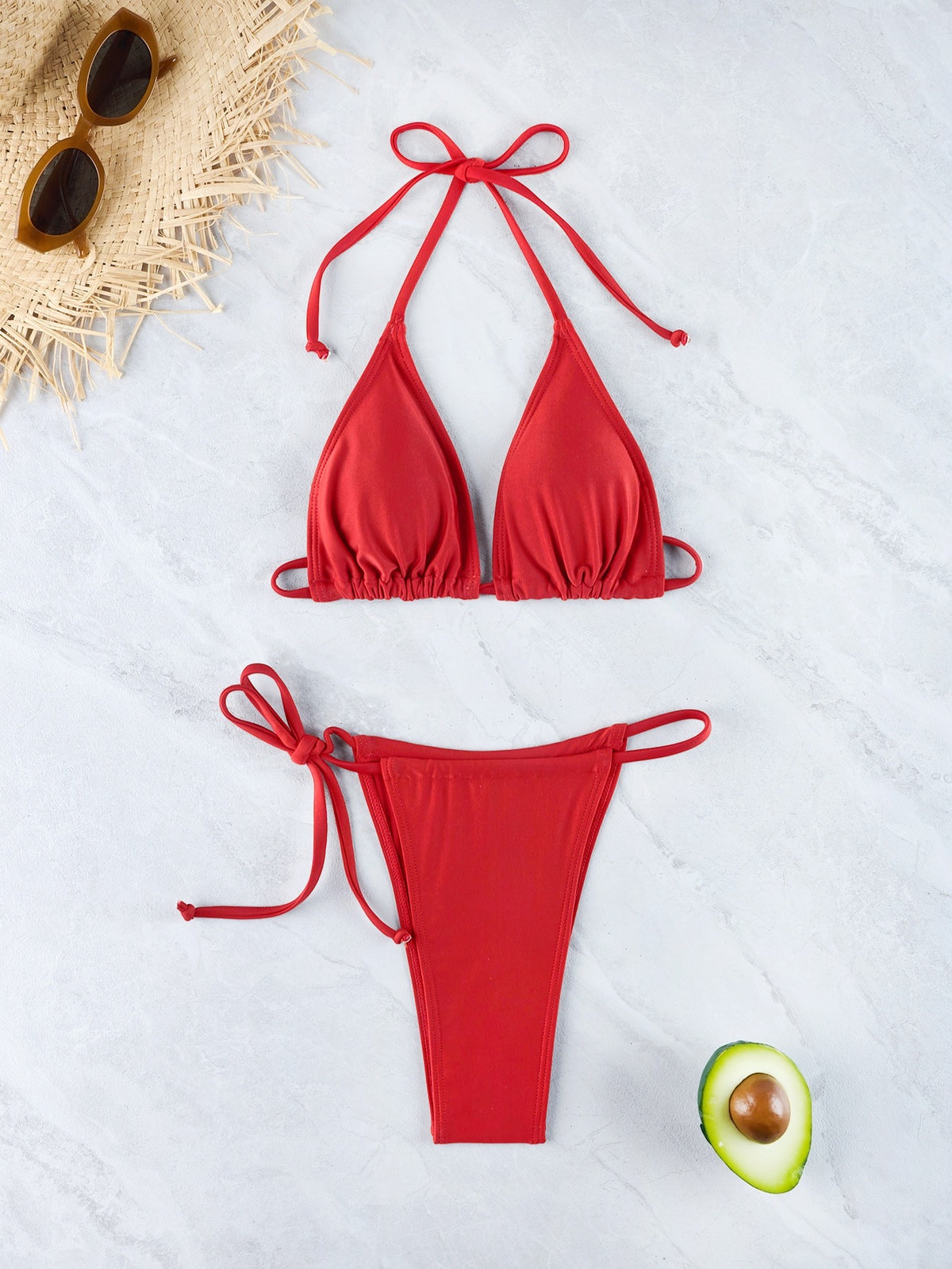 Triangle halter bikini set with red triangle top and matching red string bottoms