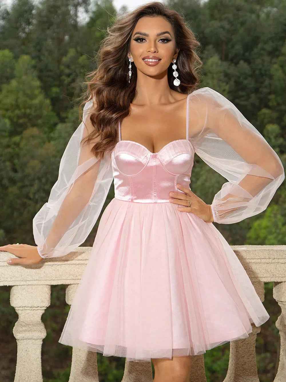 Blush Pink Mini Dress - Sweetheart Neck Balloon Sleeve Prom