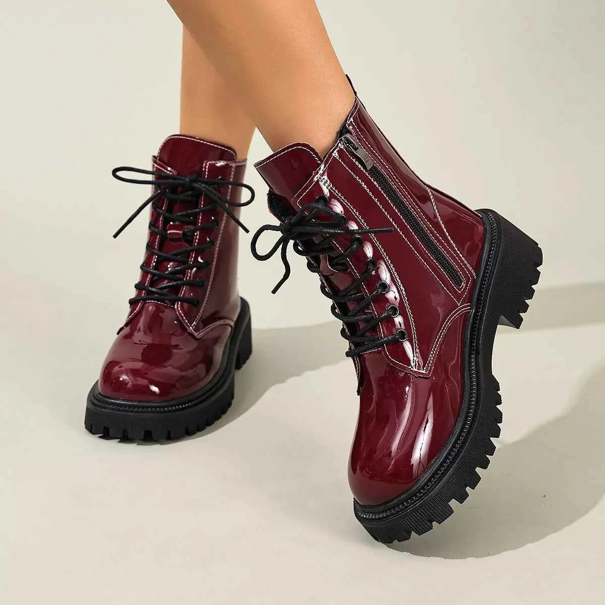 Patent Leather Lace-Up Combat Boots - Block Heel Lug Sole