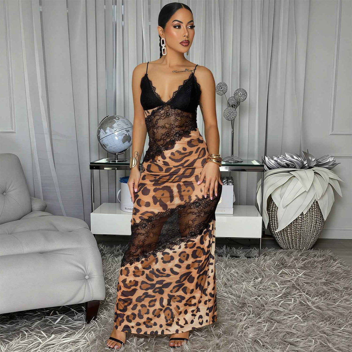 Leopard Print Lace Maxi Dress - Sheer Panels and Cami Straps