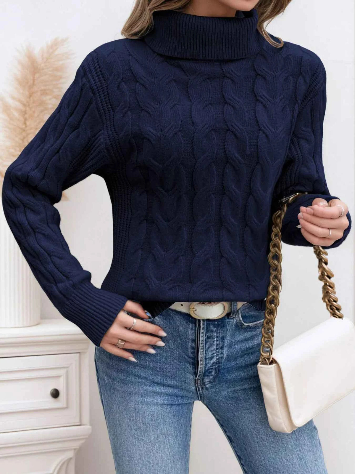 Cable Knit Turtleneck Sweater - Ribbed Cuffs Textured Fit