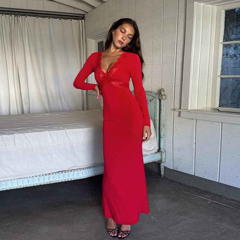Lace Patchwork Maxi Dress - Red Long Sleeve Bodycon
