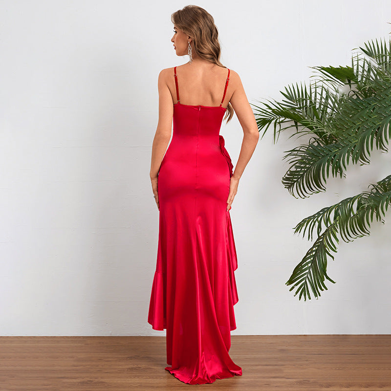 Satin Ruffle Hem Maxi Dress - Spaghetti Strap Asymmetric Slit Gown