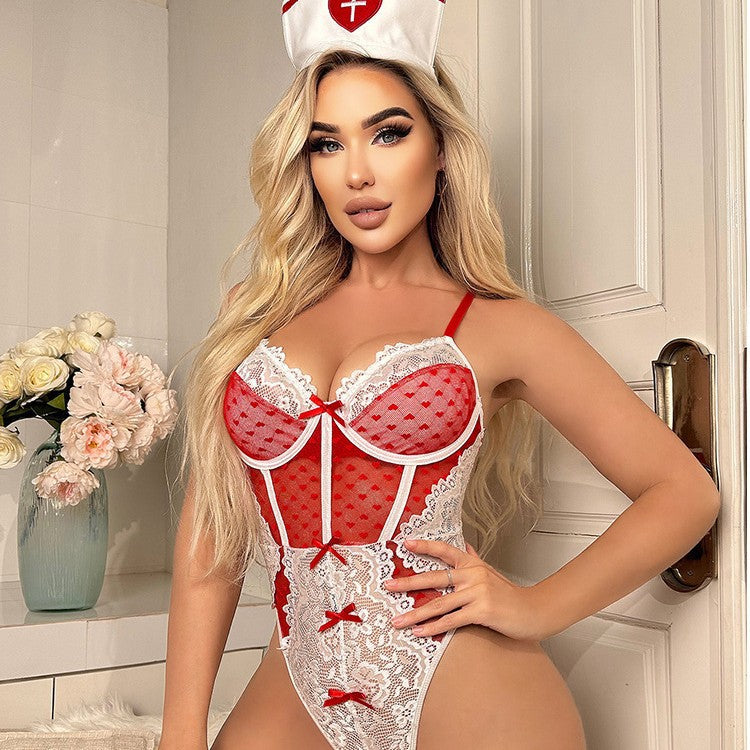Red and white lace nurse bodysuit with underwire-style heart cups and ribbon accents