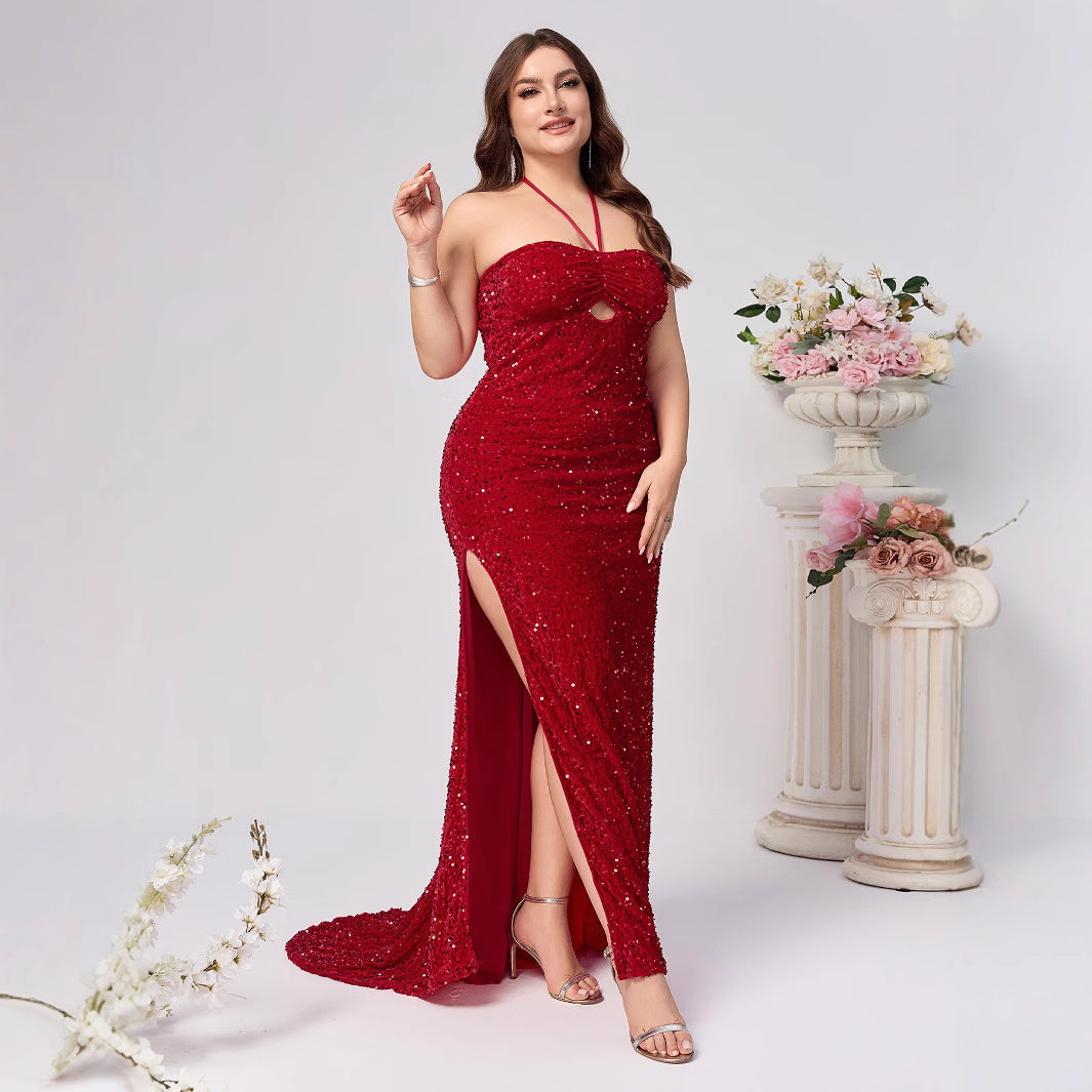 Red Sequin Plus Size Gown - Halter Slit Evening Dress