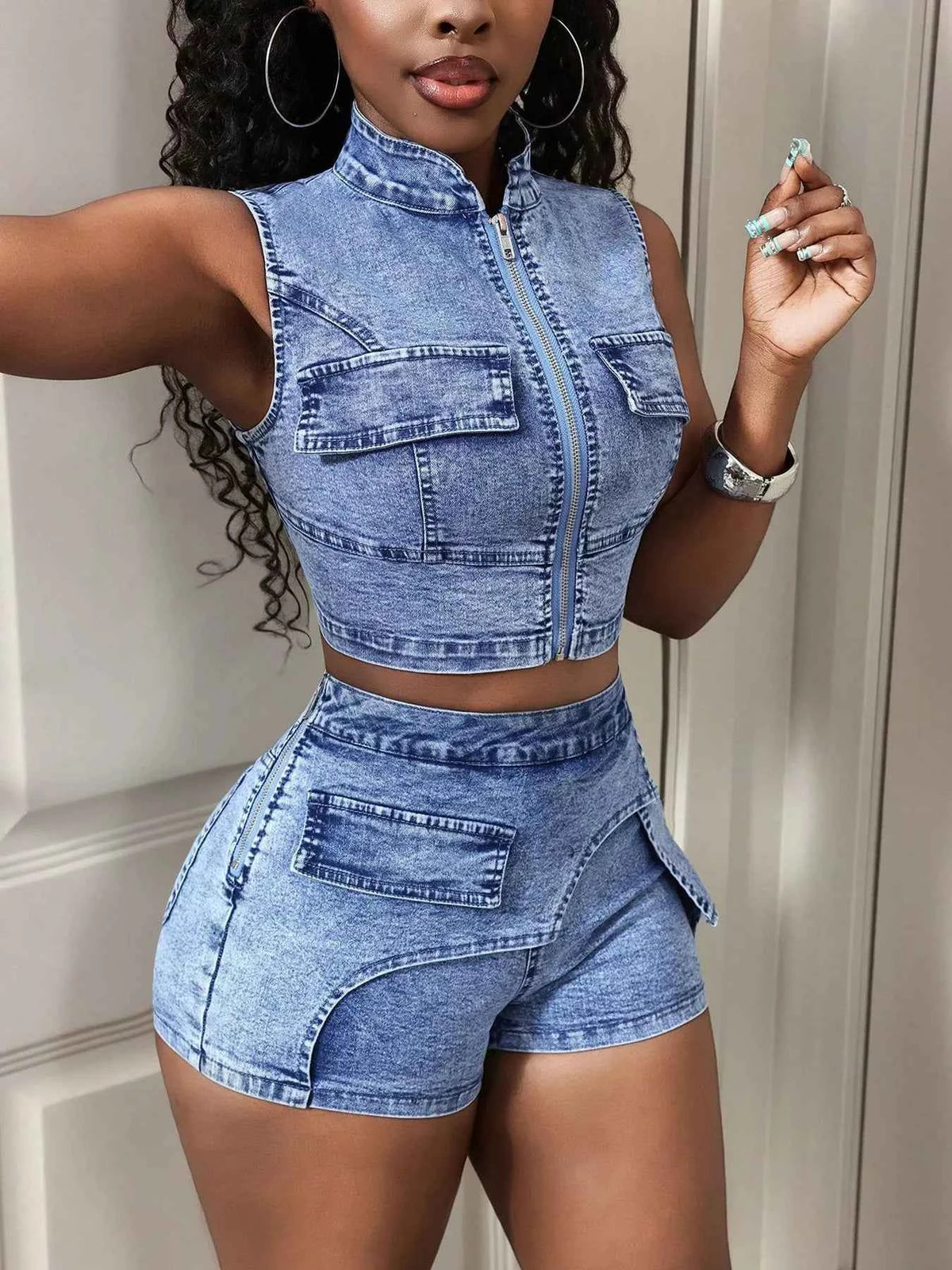 Zip-Front Denim Crop Top and Shorts Set - Asymmetric Pockets
