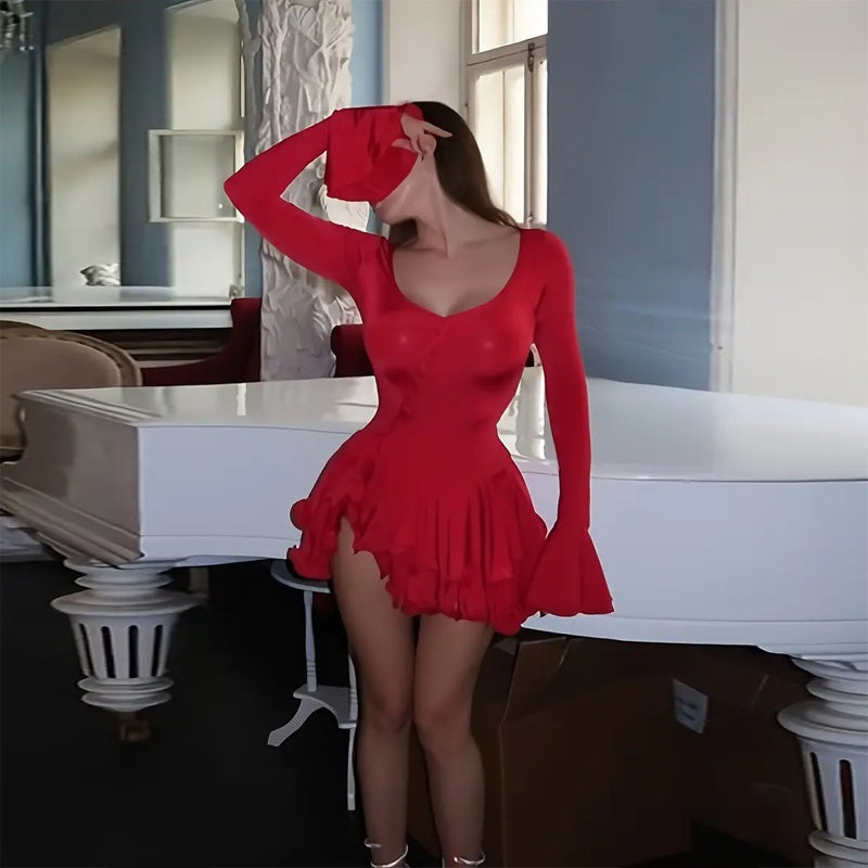 Mini Party Dress - Deep V-Neck Flared Sleeves