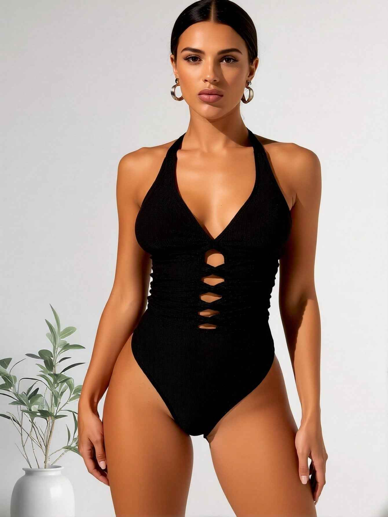 2026 New Ribbed Halter One-Piece Swimsuit, V Neck Front Lace Up Cutout Tummy Control Bathing Suit