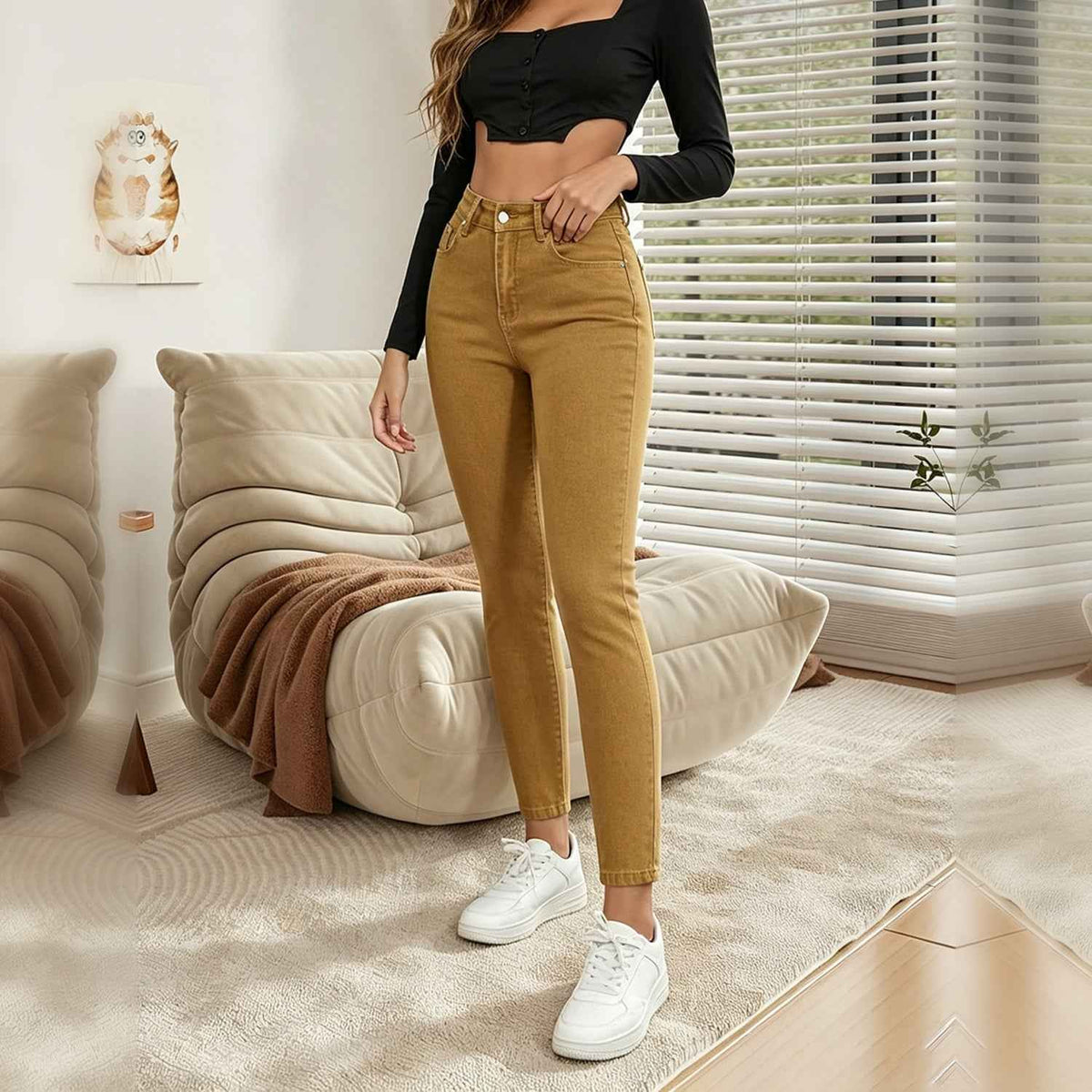 Mustard Yellow High Waist Skinny Jean - Stretch Slim Fit Ankle with Pockets