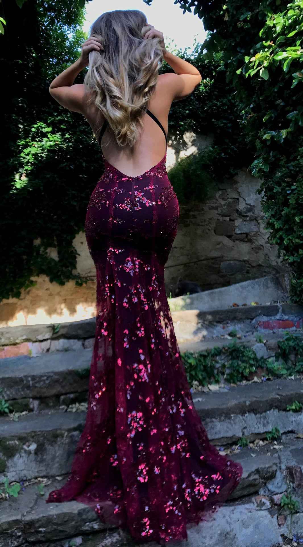 Sequin Lace-Up Back Maxi Dress - Deep V-Neck Spaghetti Strap Gown