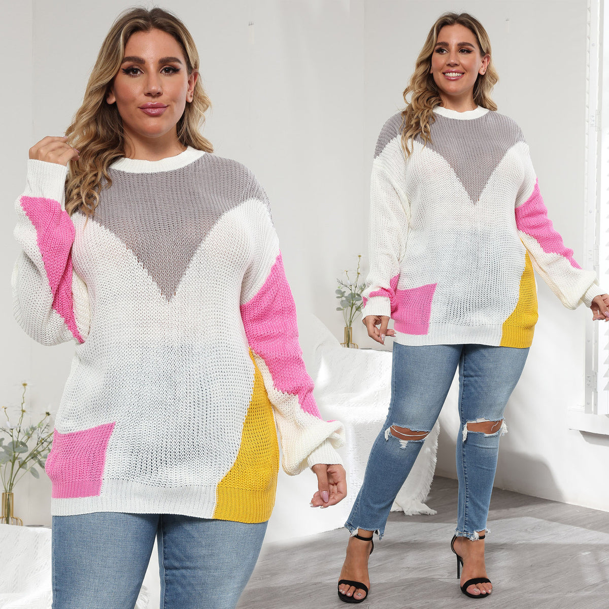 A woman modeling a chunky knit color-block sweater in a bright white room, shown in a front-and-back composite view. The sweater is white with a gray V-neck yoke, bright pink sleeves and lower hem, and a yellow color block on the lower front.