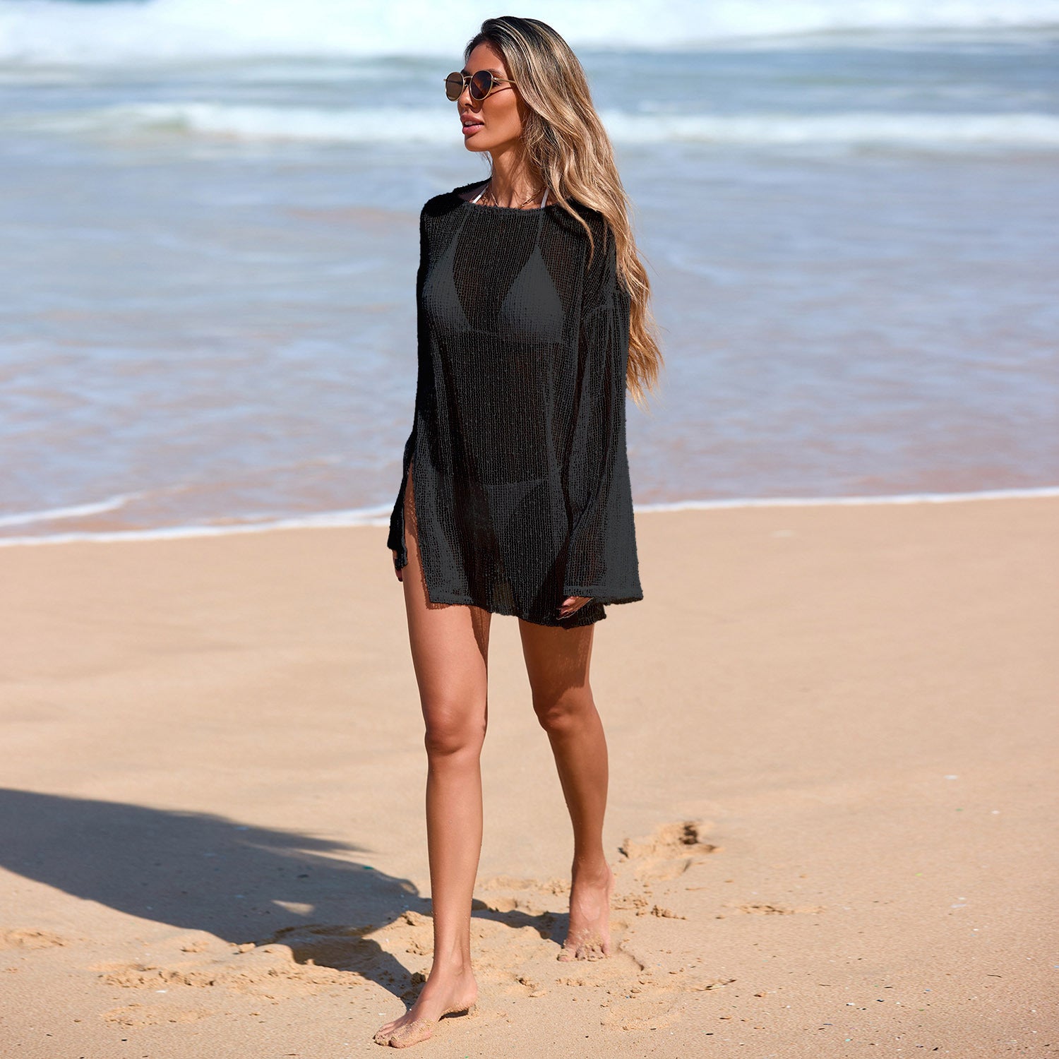 Hollow Round Neck Blouse - Long Sleeve Fashion Top