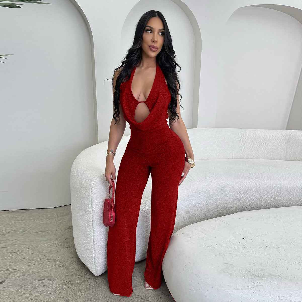Red Halter Tie Backless Jumpsuit - Deep V Keyhole Wide Leg Flare