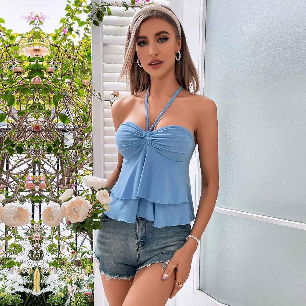 Blue Halter Ruched Top - Tiered Ruffle Open-Back Crop