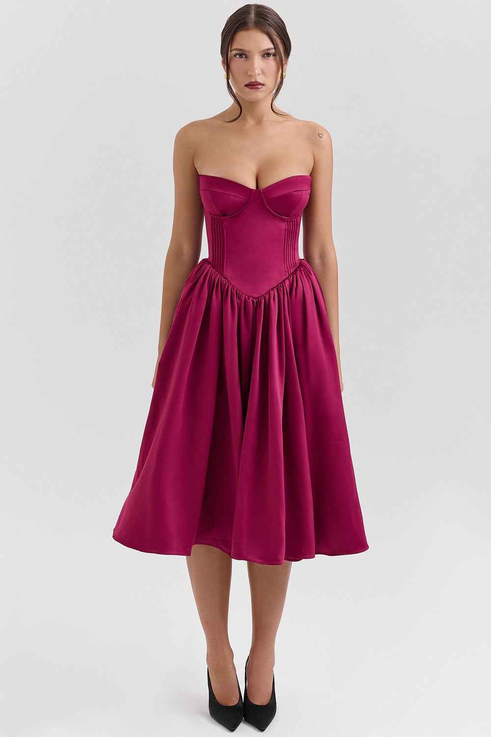 Sweetheart Midi Dress - Strapless Flared A-Line Skirt