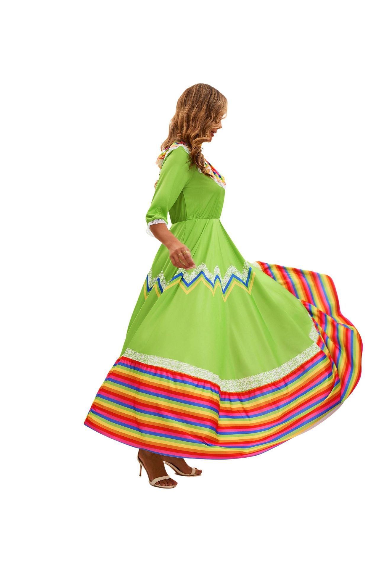 Folkloric Maxi Skirt Costume Dress - Rainbow Stripe Ruffle Hem