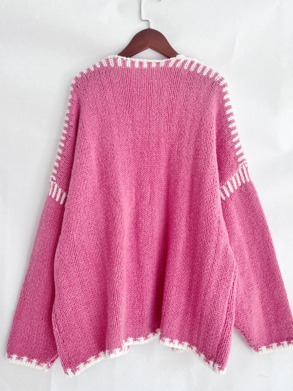 Double Take Contrast Open Front Dropped Shoulder Cardigan - Fashions Envy