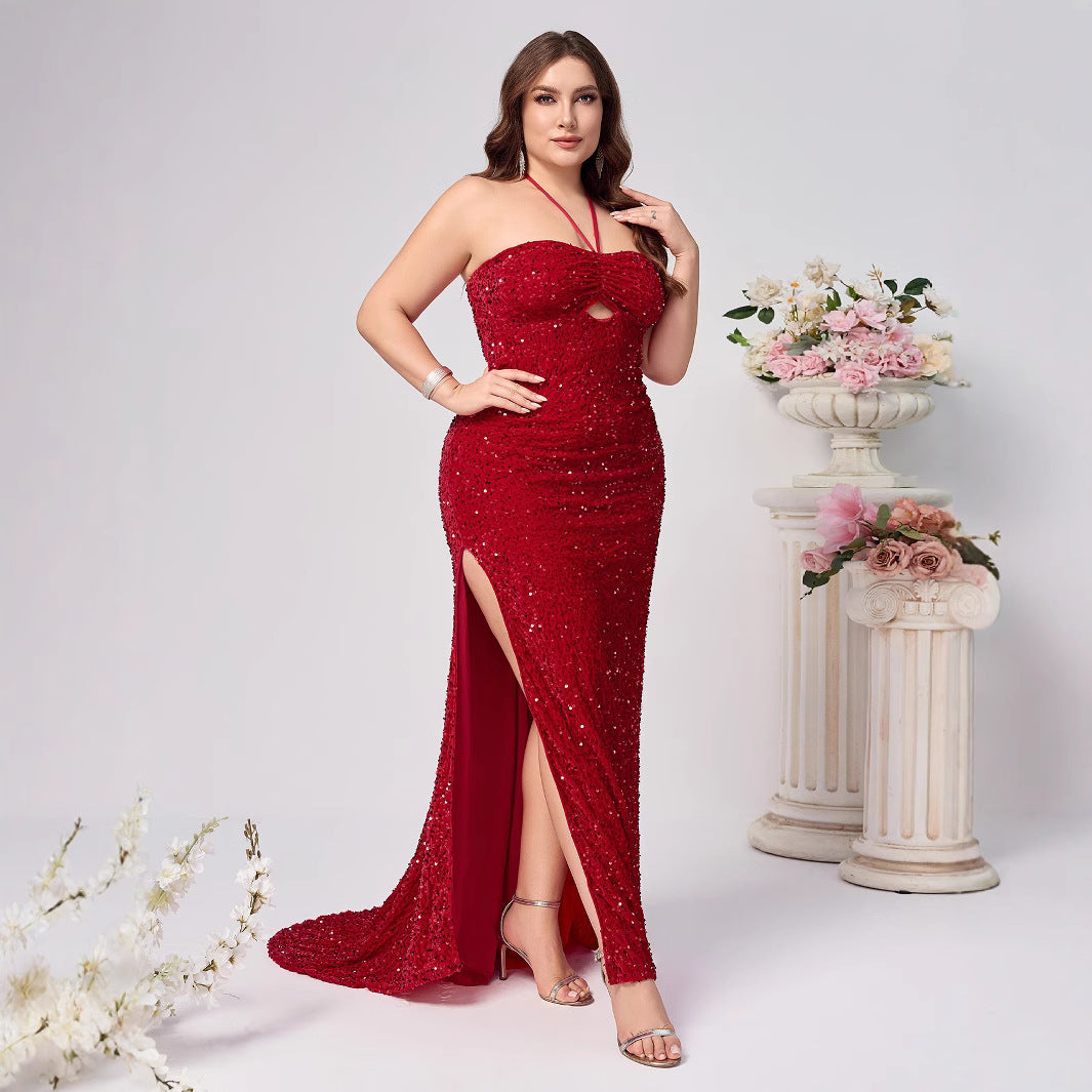 Red Sequin Plus Size Gown - Halter Slit Evening Dress