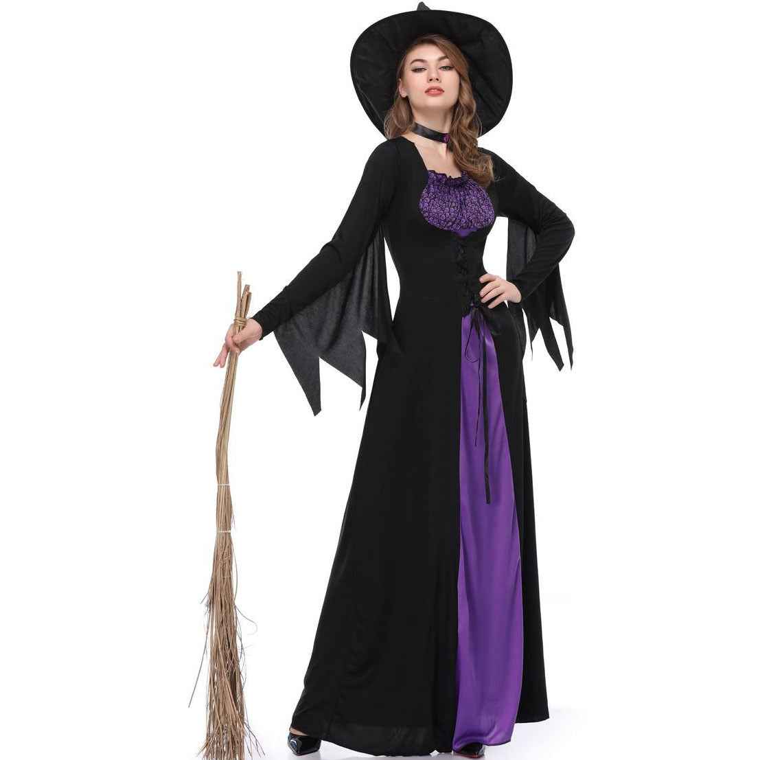 Black and Purple Witch Costume - Lace Bodice Flared Sleeves