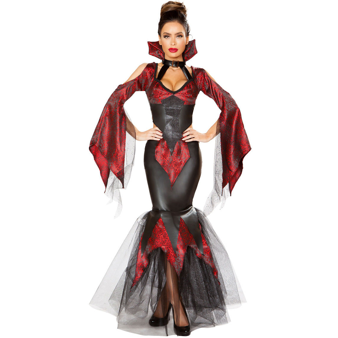 Halloween Vampire Queen Costume - Wetlook Mermaid Gown with Brocade Shawl