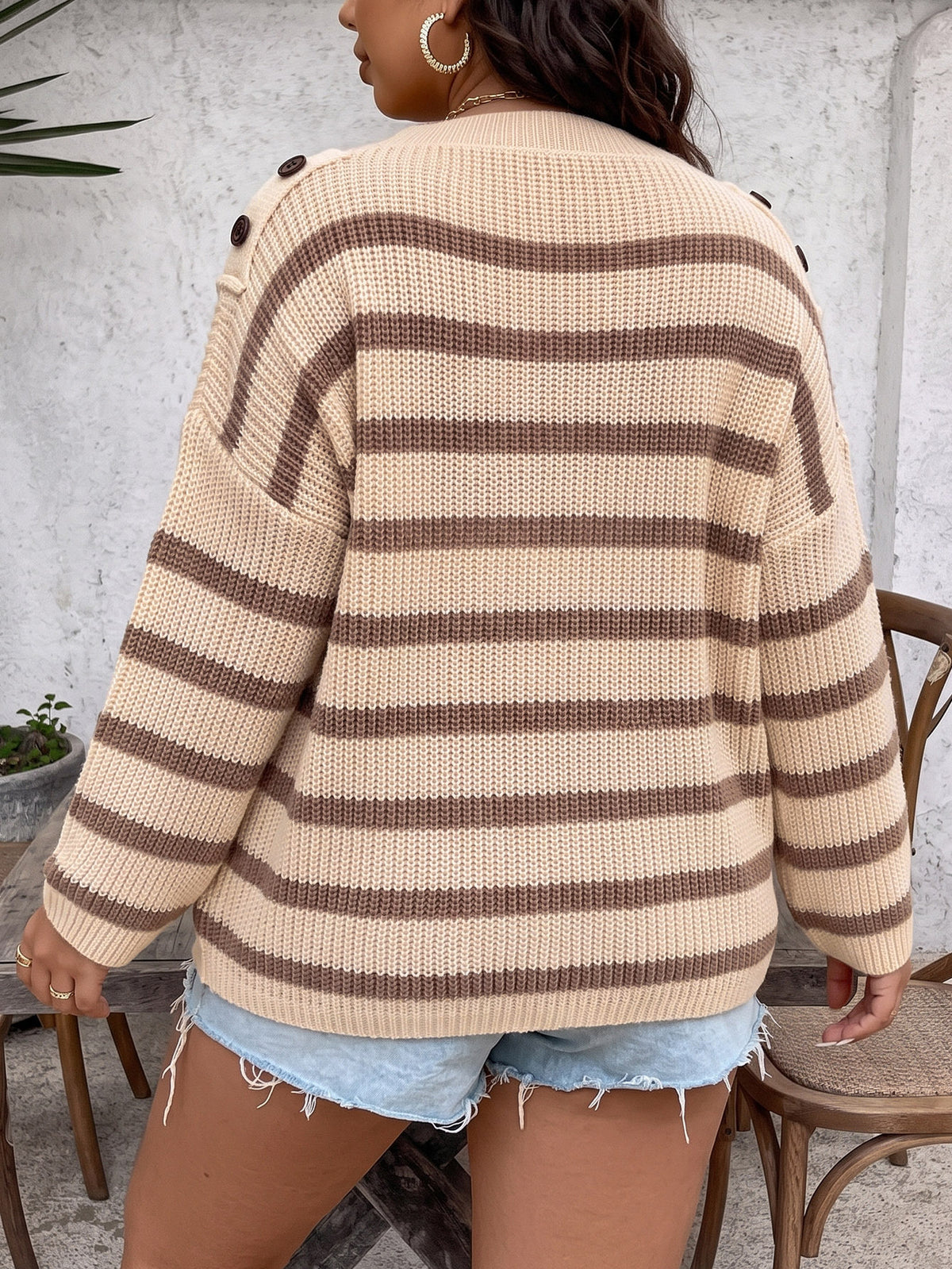 Striped pullover sweater with shoulder buttons and bell sleeves, beige and brown back