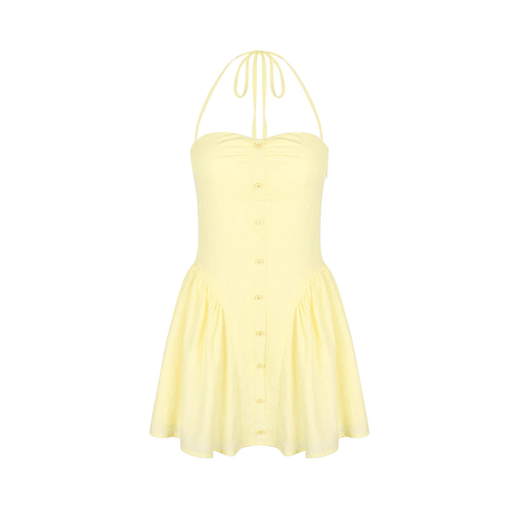Yellow Summer Mini Dress - Slim Backless Waist-Cinching Design