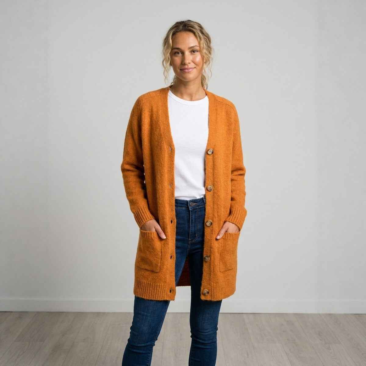 Orange Oversized Knit Button-Up Cardigan - Cozy Fall Layer