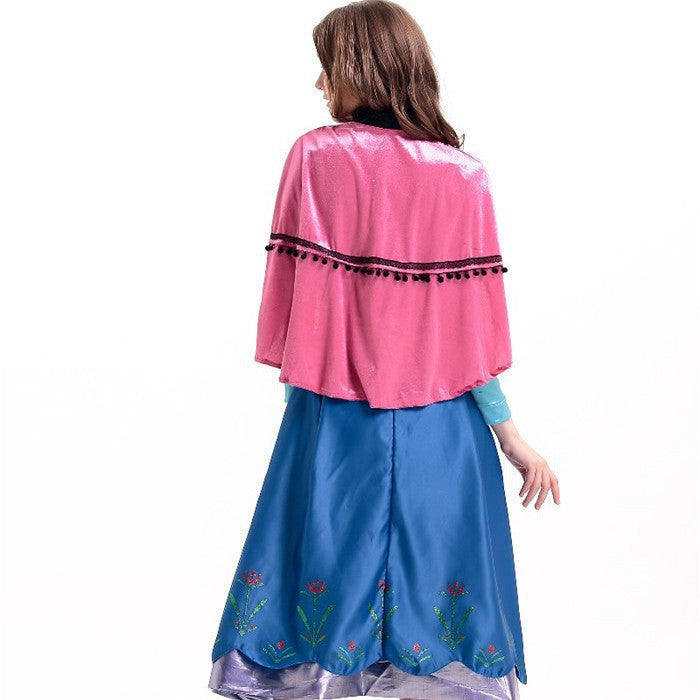 Back view adult princess dress with pink cape, teal sleeves, blue skirt and embroidered hem