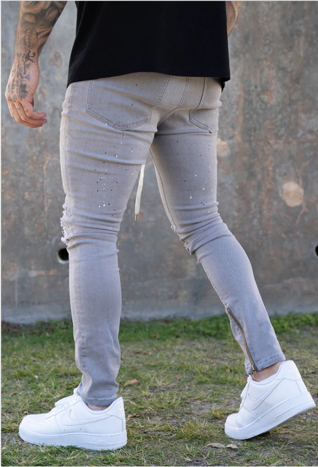 Paint Splatter Ripped Skinny Jeans Men - Script Ankle Zip