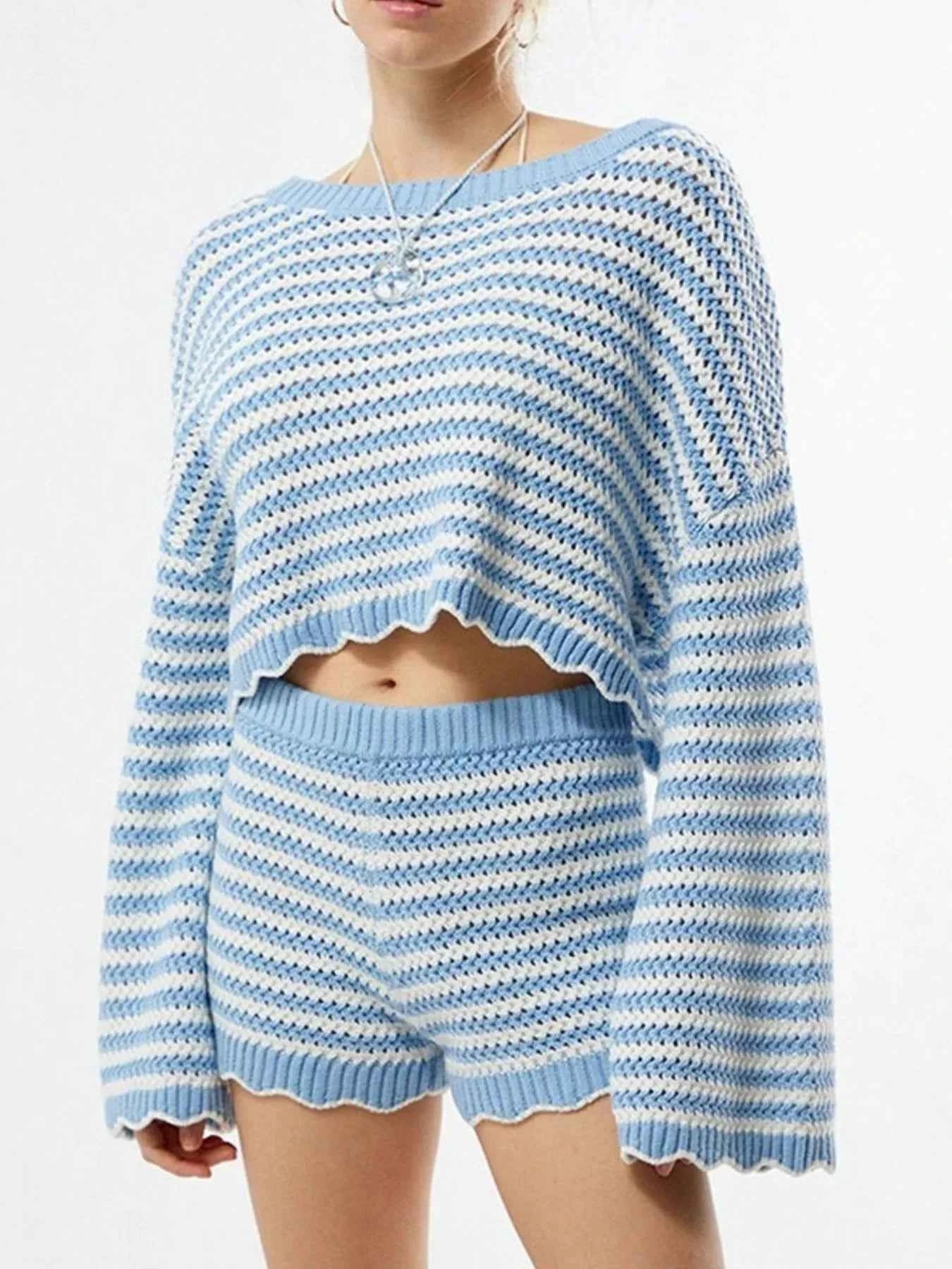 Blue Striped Knit Crop Top and Shorts Set - Scalloped Hem Lace-Up Back